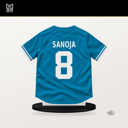 Javier Sanoja number 8 Miami Marlins jersey stand with included black base.