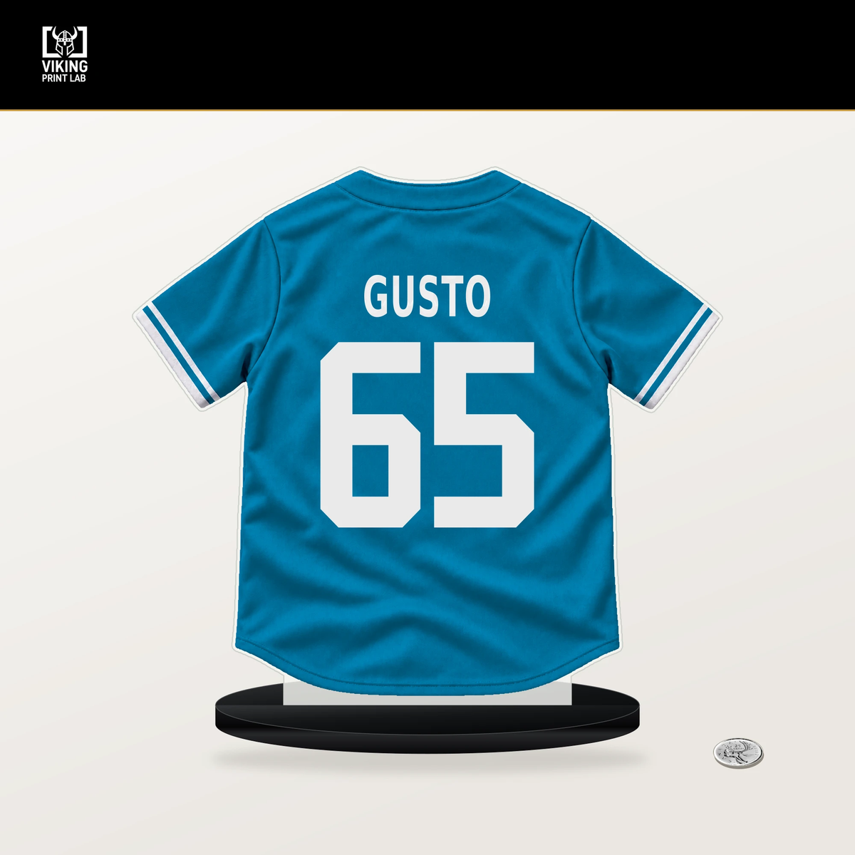 Ryan Gusto number 65 Miami Marlins jersey stand with included black base.
