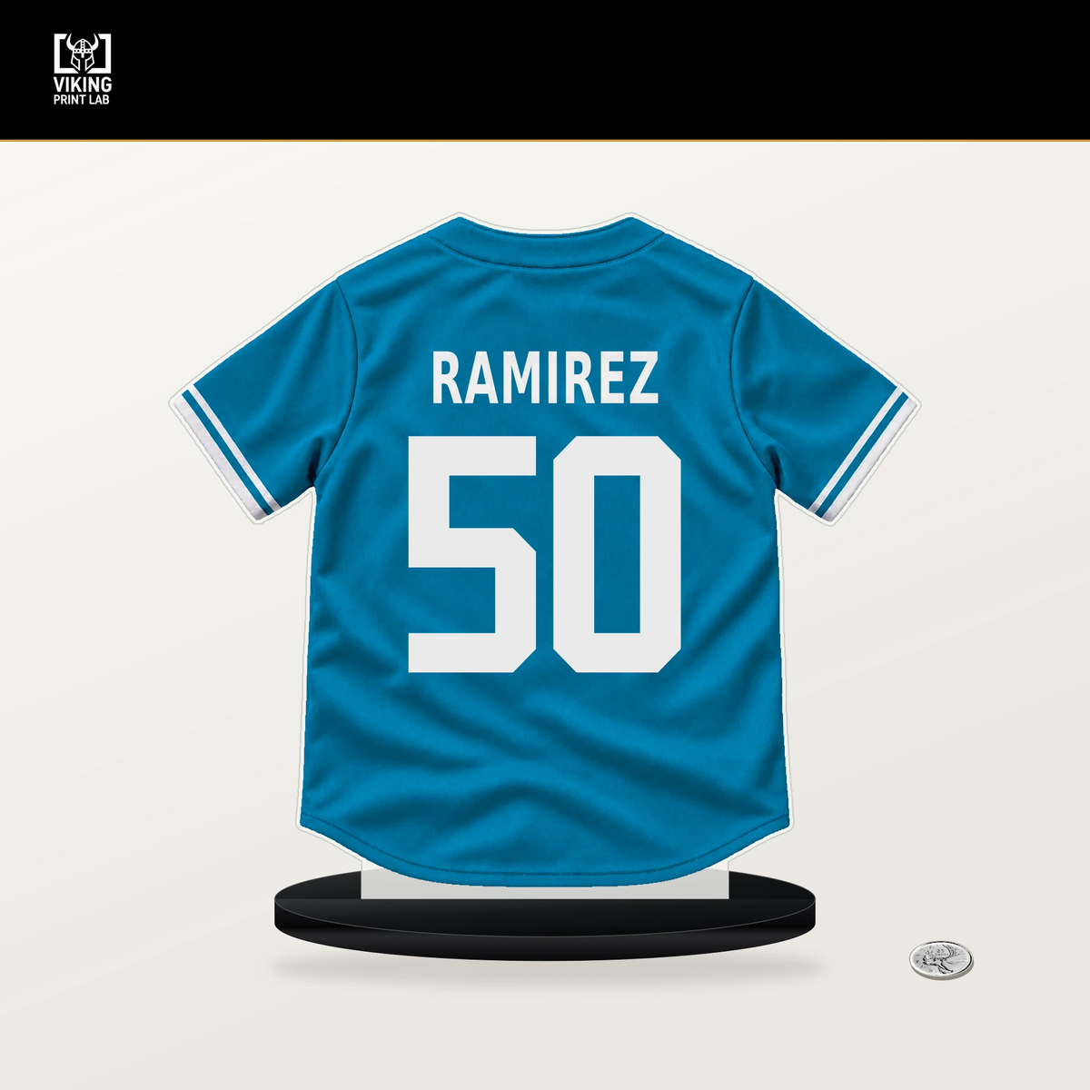 Agustin Ramirez number 50 Miami Marlins jersey stand with included black base.
