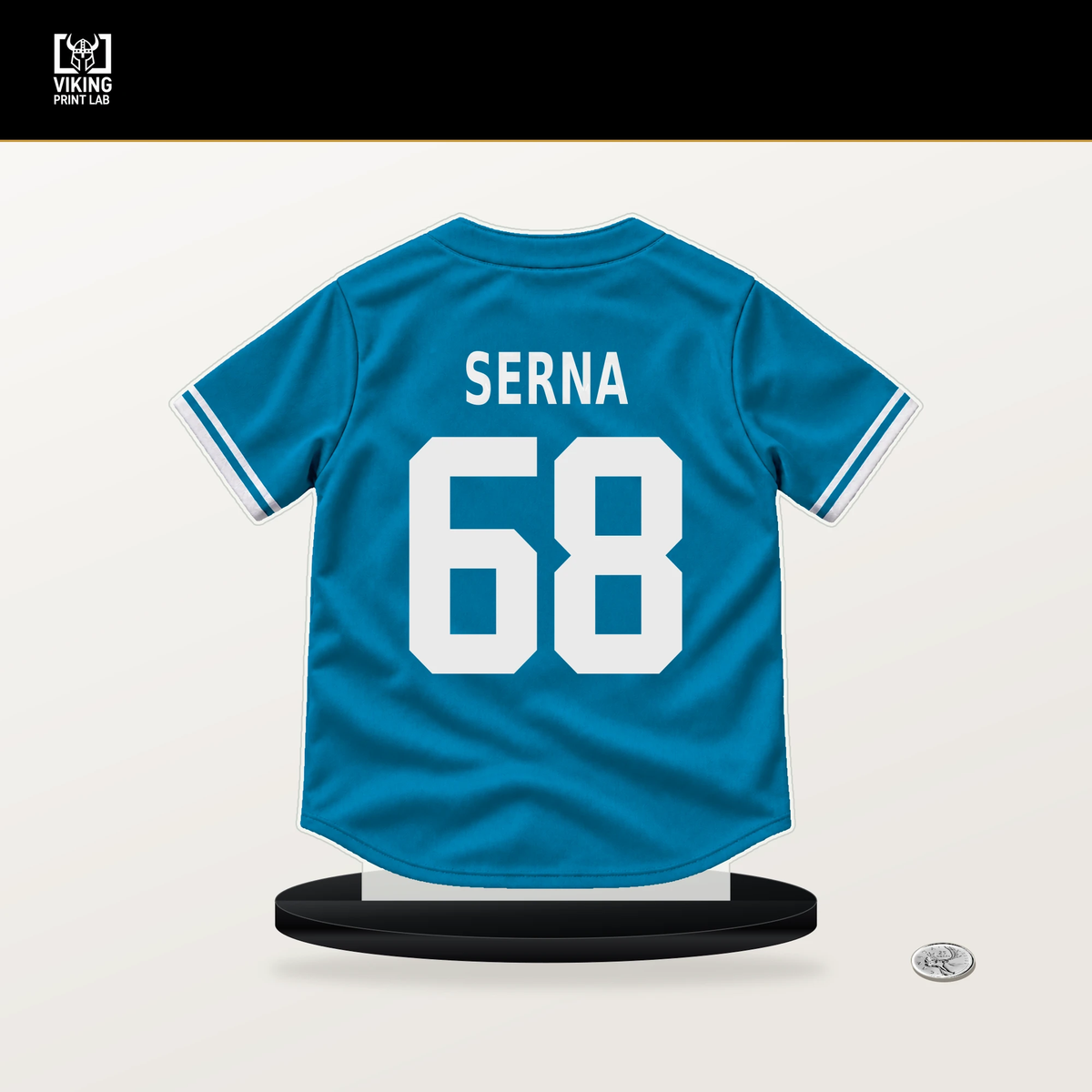 Jared Serna number 68 Miami Marlins jersey stand with included black base.