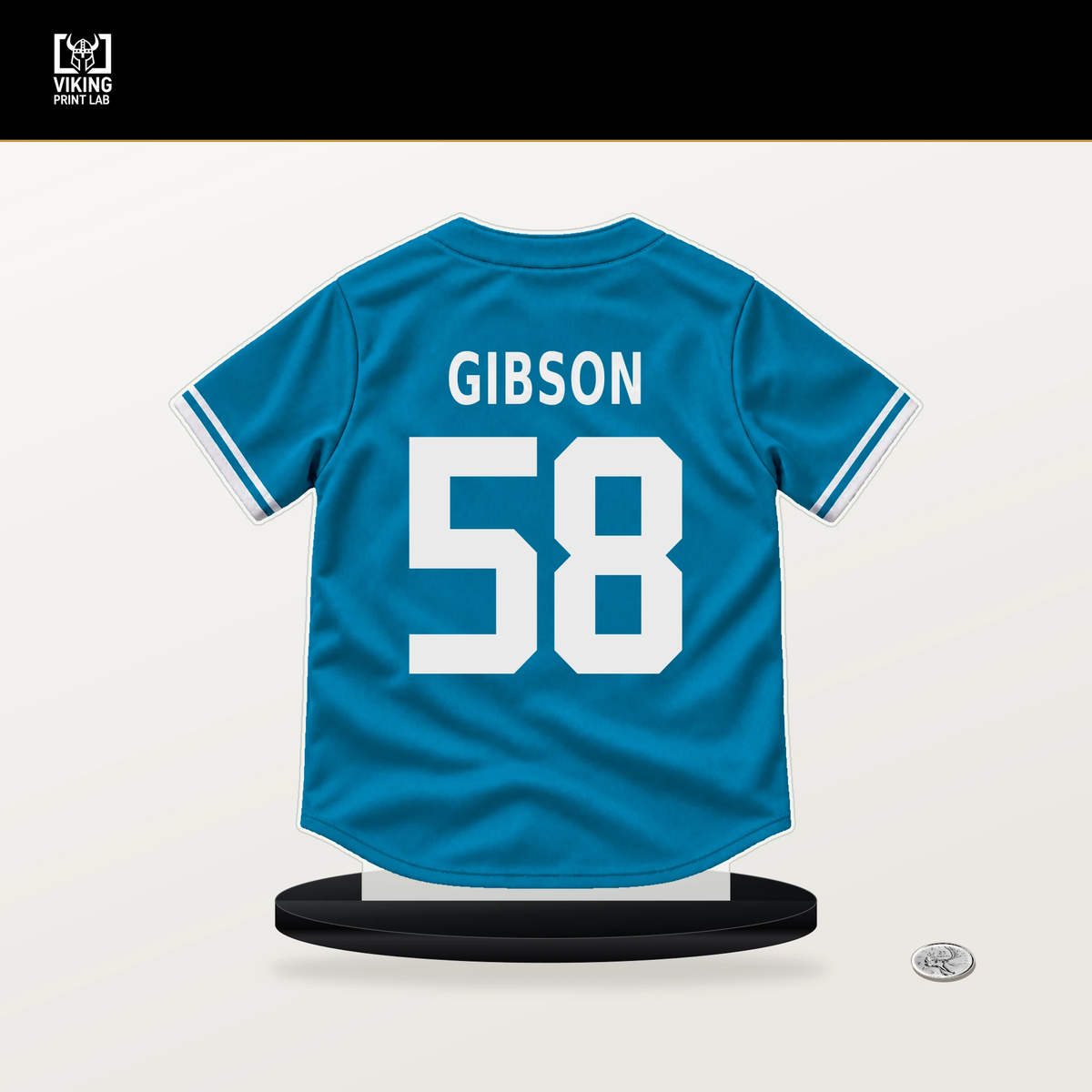 Cade Gibson number 58 Miami Marlins jersey stand with included black base.