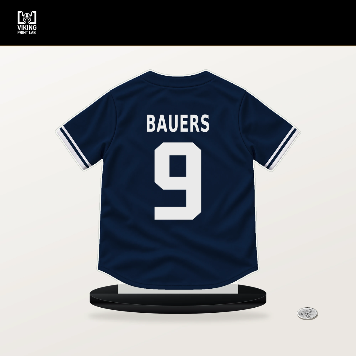 Jake Bauers number 9 Milwaukee Brewers jersey stand with included black base.