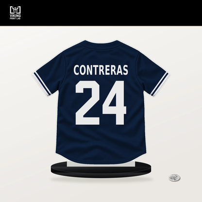 William Contreras number 24 Milwaukee Brewers jersey stand with included black base.