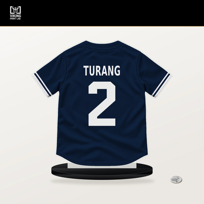 Brice Turang number 2 Milwaukee Brewers jersey stand with included black base.