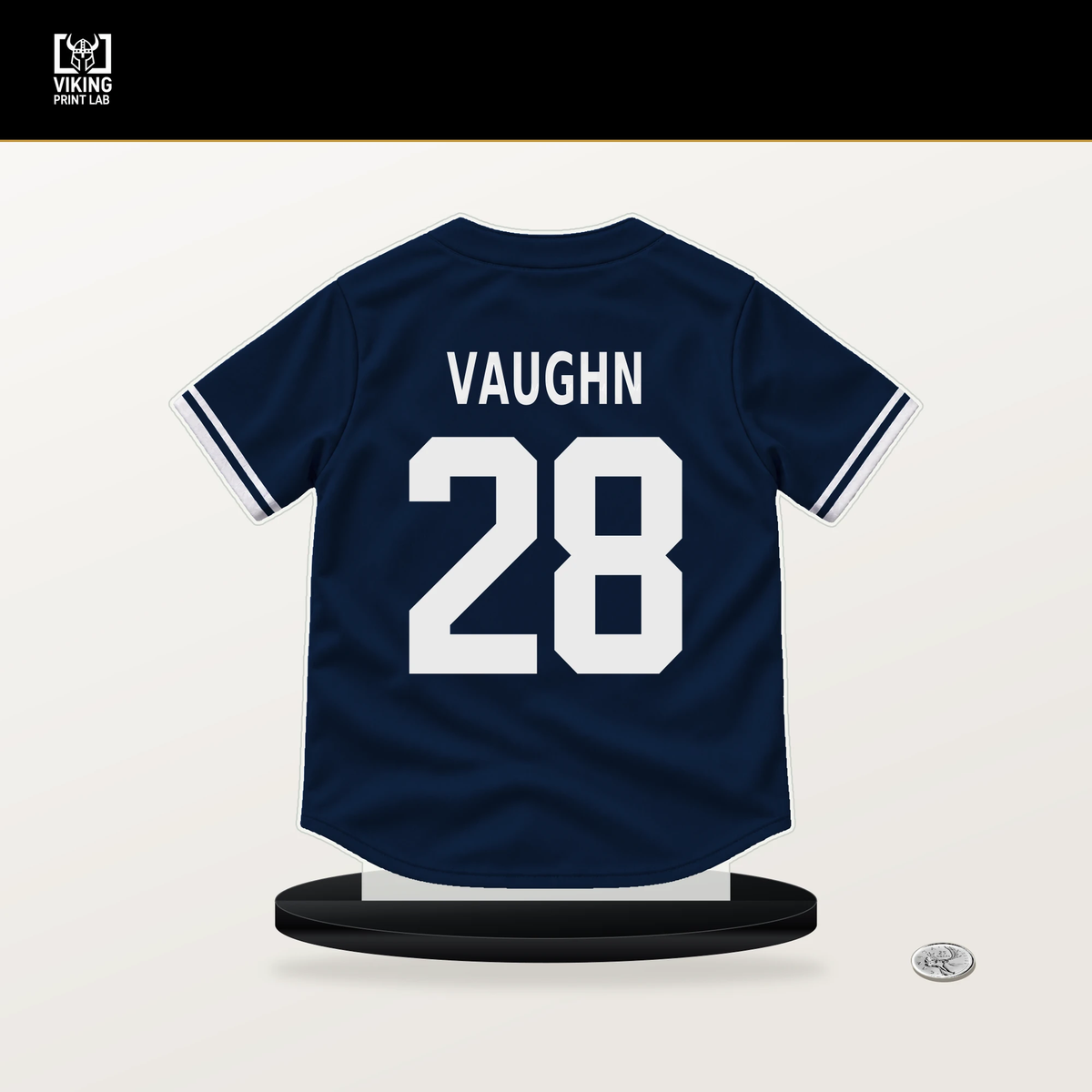 Andrew Vaughn number 28 Milwaukee Brewers jersey stand with included black base.
