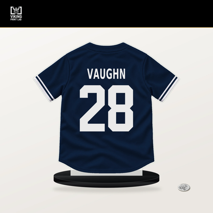 Andrew Vaughn number 28 Milwaukee Brewers jersey stand with included black base.