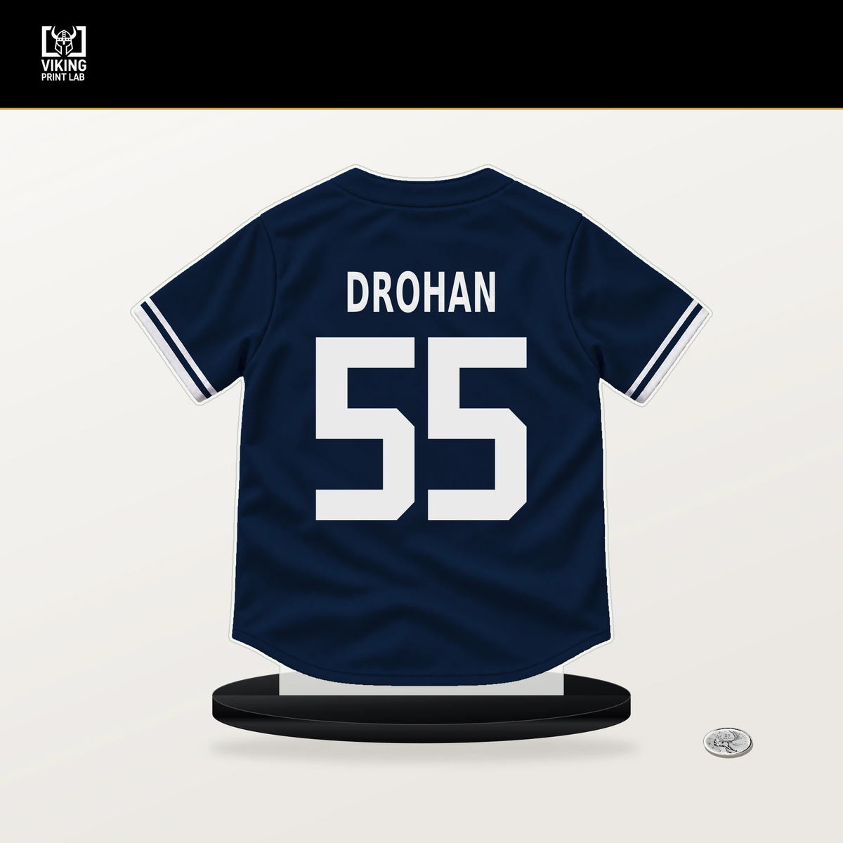 Shane Drohan number 55 Milwaukee Brewers jersey stand with included black base.