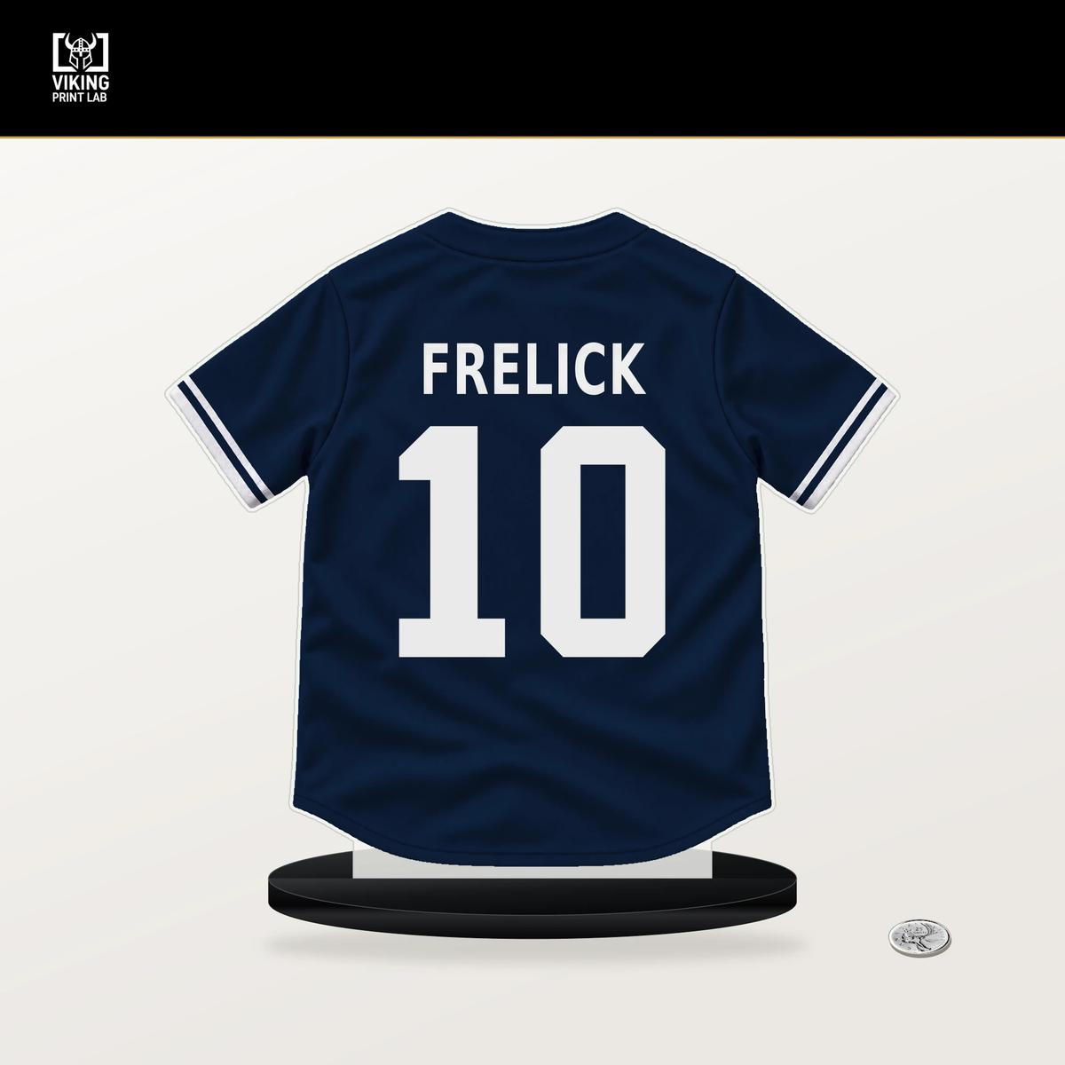 Sal Frelick number 10 Milwaukee Brewers jersey stand with included black base.