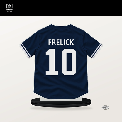 Sal Frelick number 10 Milwaukee Brewers jersey stand with included black base.