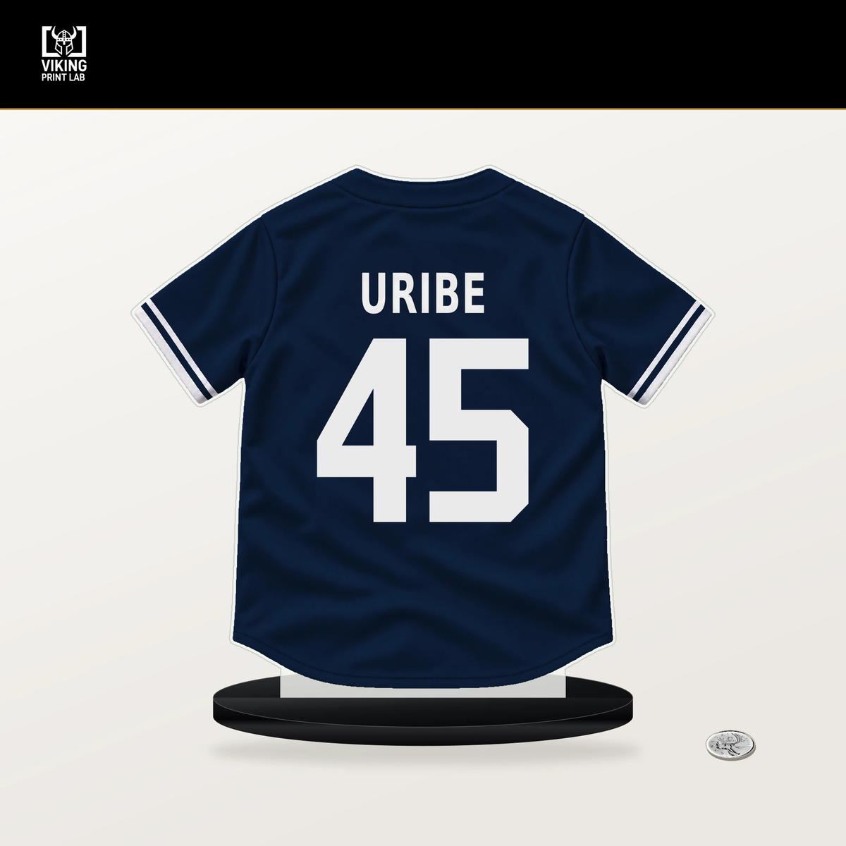 Abner Uribe number 45 Milwaukee Brewers jersey stand with included black base.