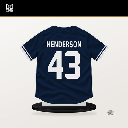 Logan Henderson number 43 Milwaukee Brewers jersey stand with included black base.