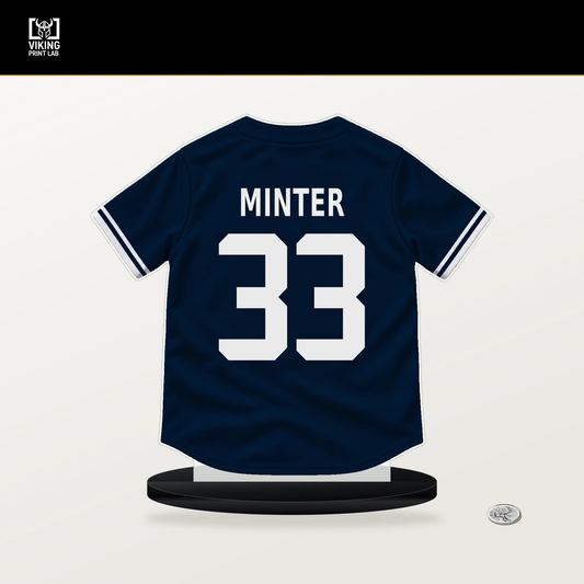 A.J. Minter number 33 Minnesota Twins jersey stand with included black base.