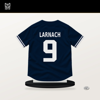 Trevor Larnach number 9 Minnesota Twins jersey stand with included black base.