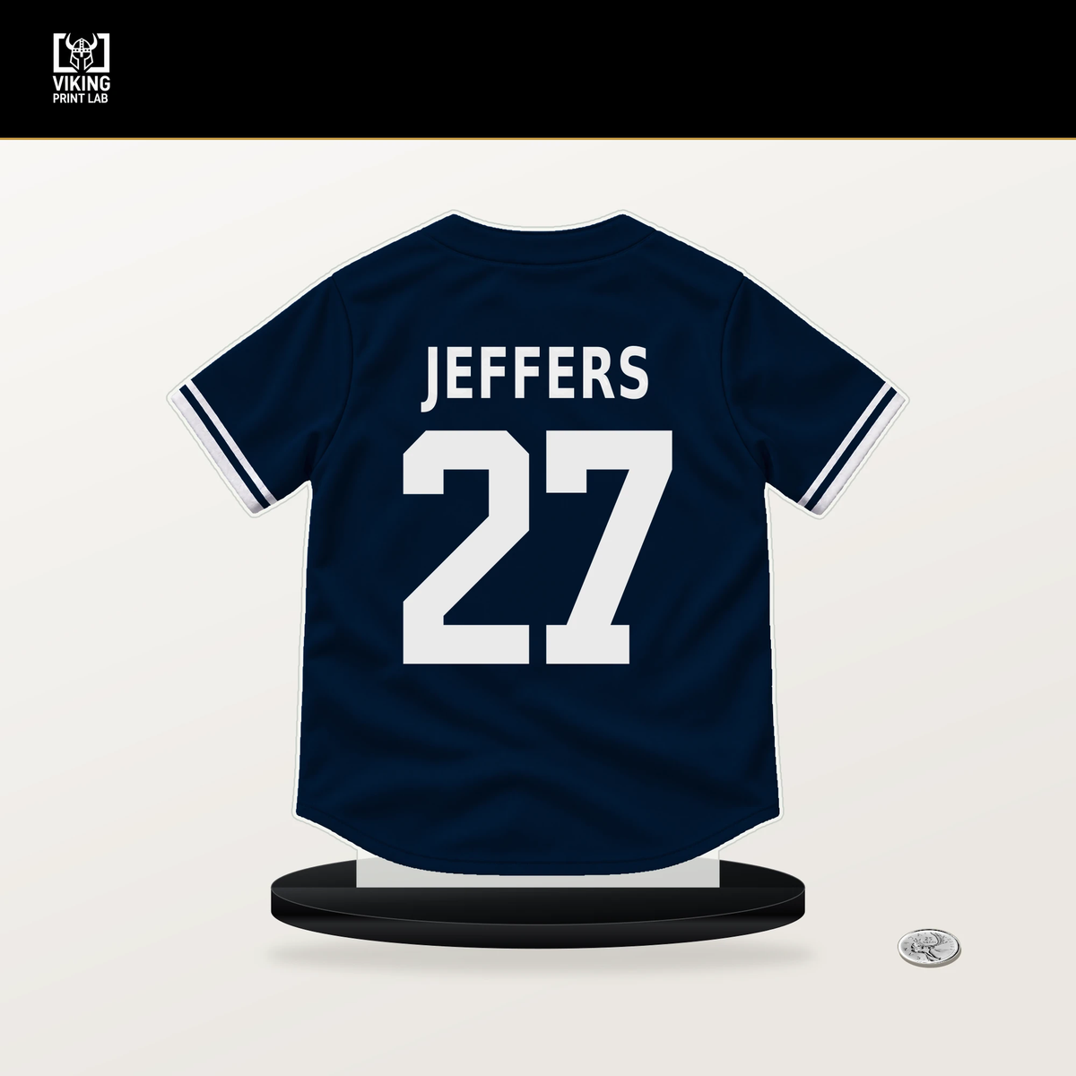 Ryan Jeffers number 27 Minnesota Twins jersey stand with included black base.