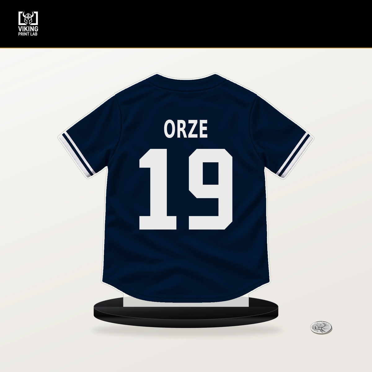 Eric Orze number 19 Minnesota Twins jersey stand with included black base.