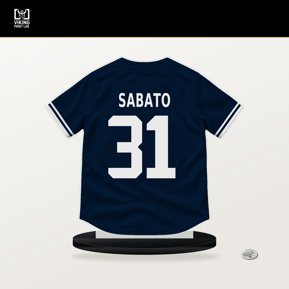 Aaron Sabato number 31 Minnesota Twins jersey stand with included black base.