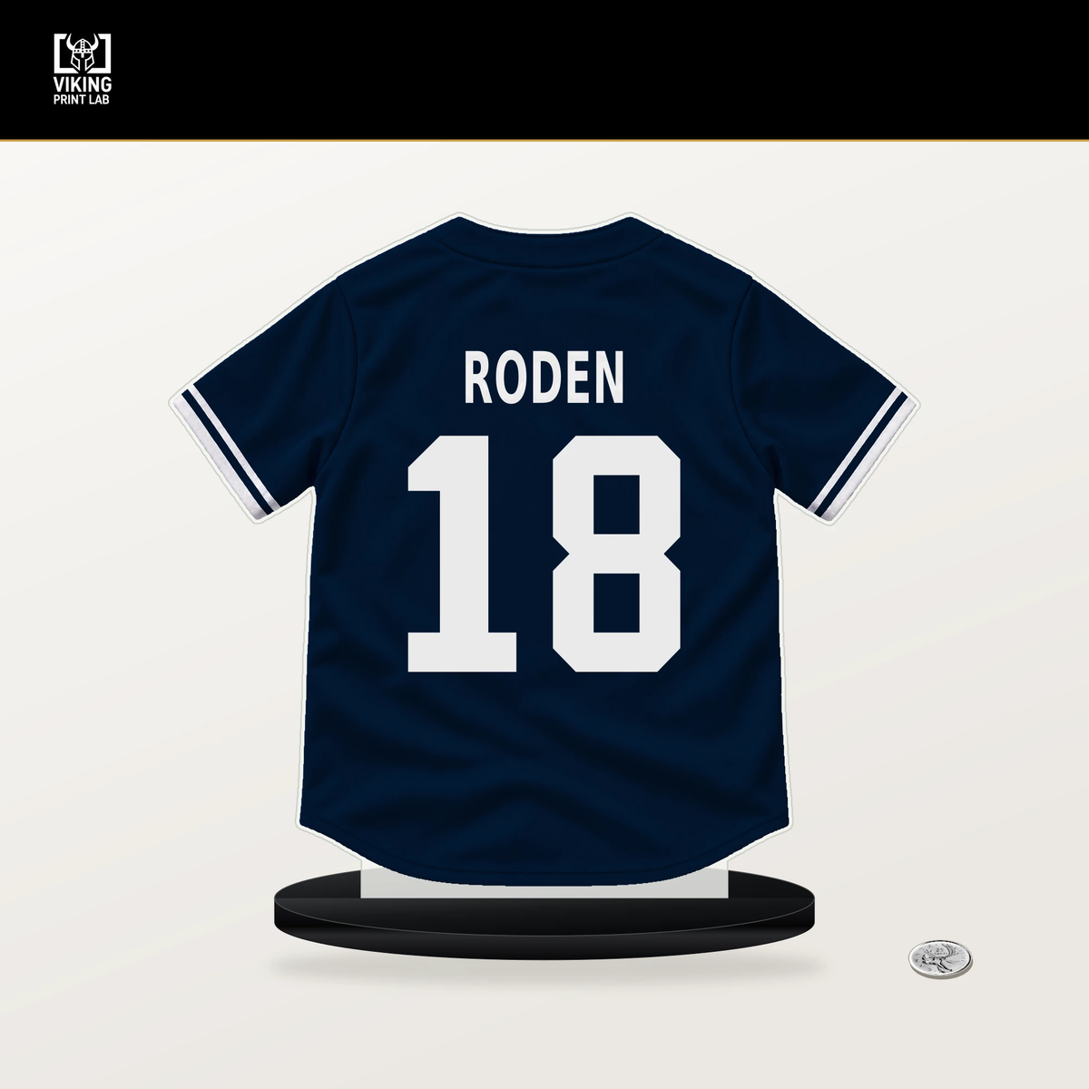 Alan Roden number 18 Minnesota Twins jersey stand with included black base.