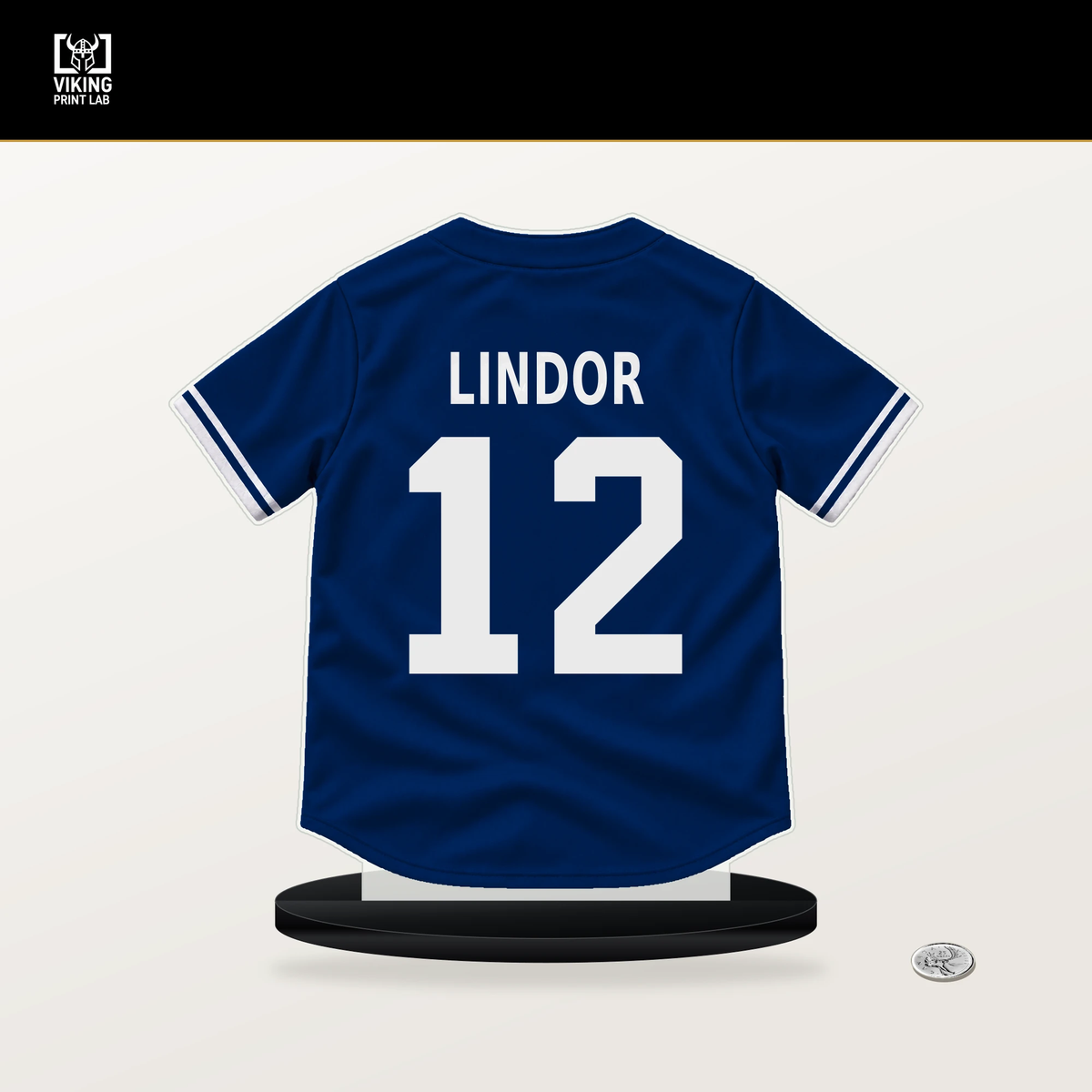 Francisco Lindor number 12 New York Mets jersey stand with included black base.