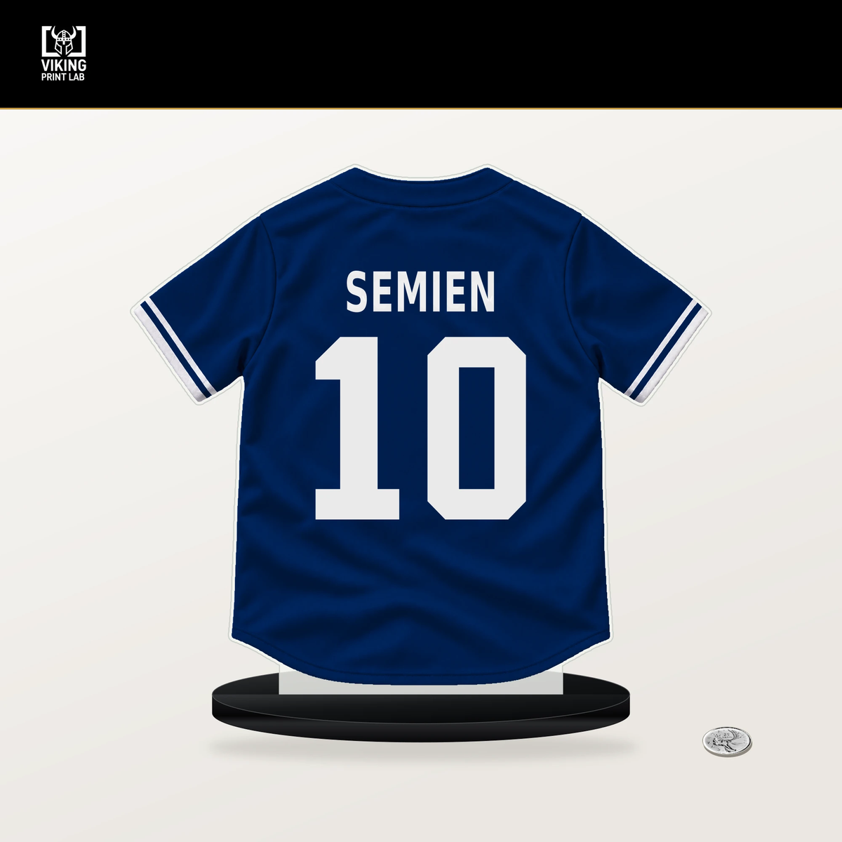 Marcus Semien number 10 New York Mets jersey stand with included black base.