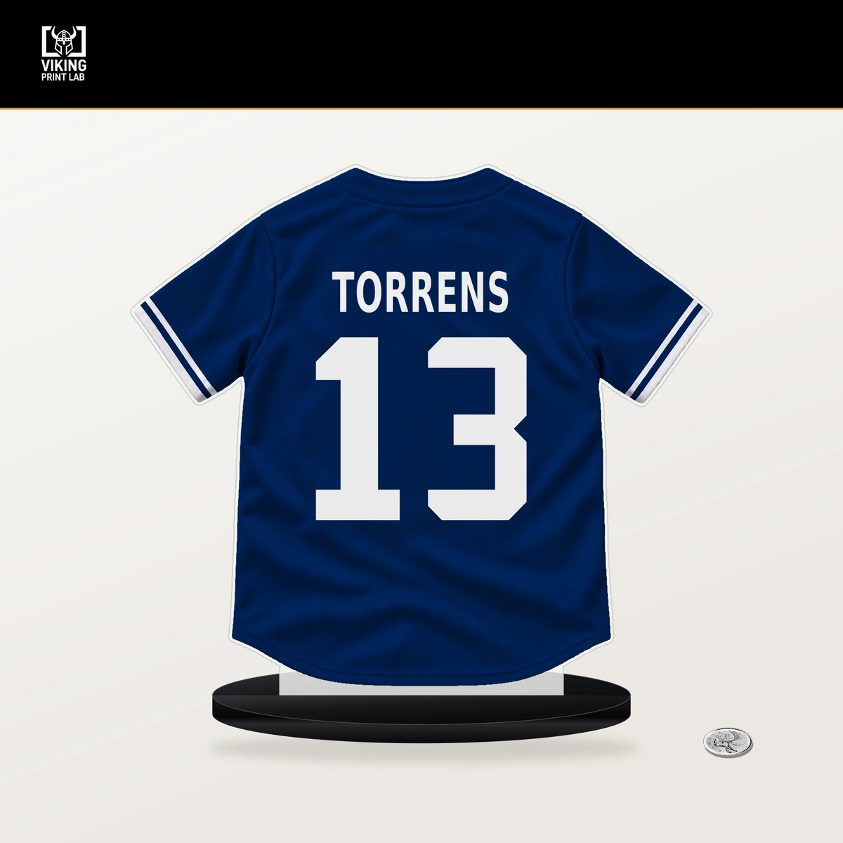 Luis Torrens number 13 New York Mets jersey stand with included black base.