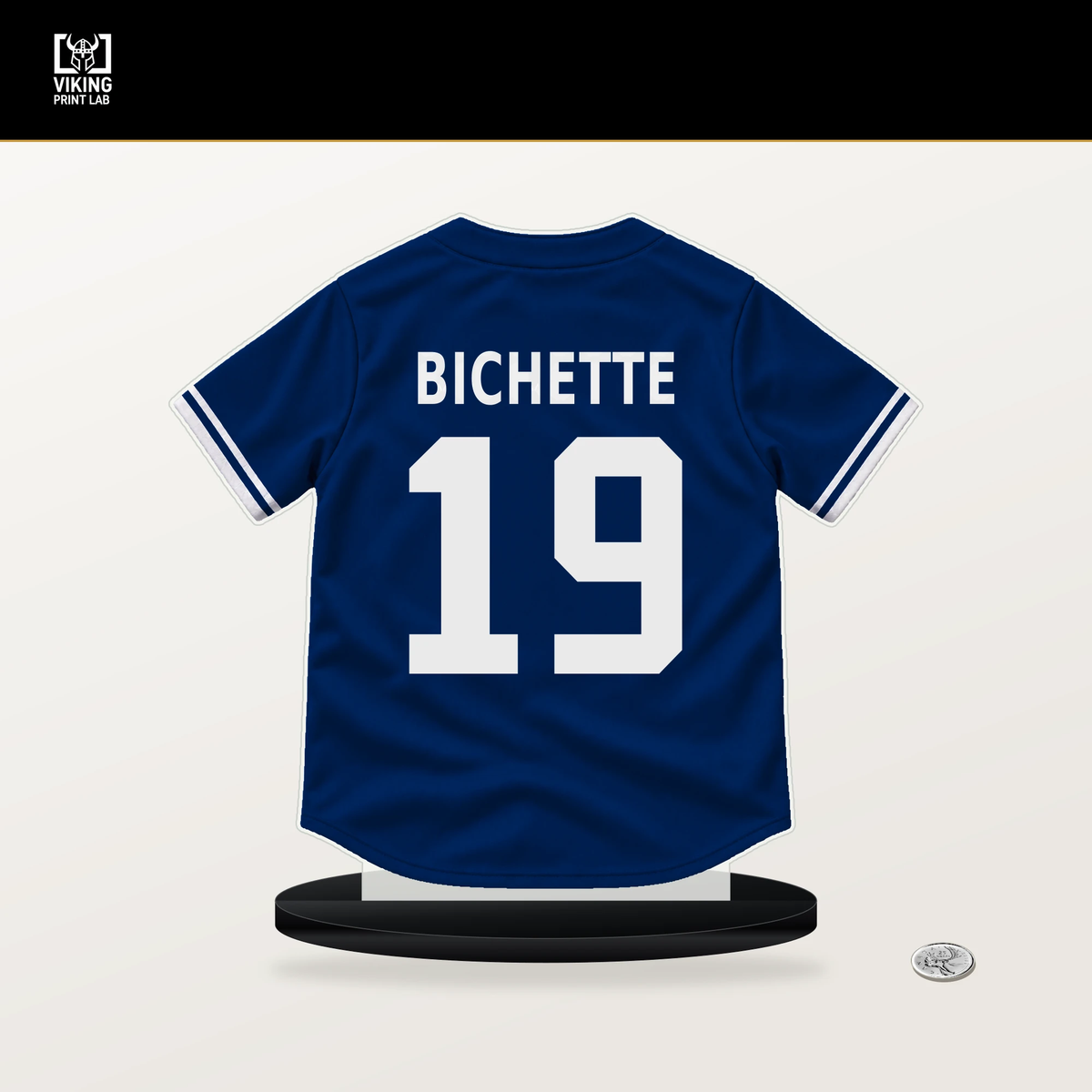 Bo Bichette number 19 New York Mets jersey stand with included black base.