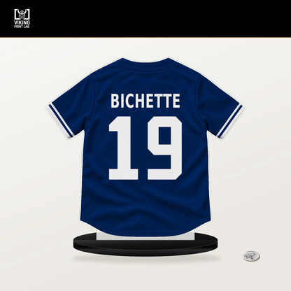 Bo Bichette number 19 New York Mets jersey stand with included black base.
