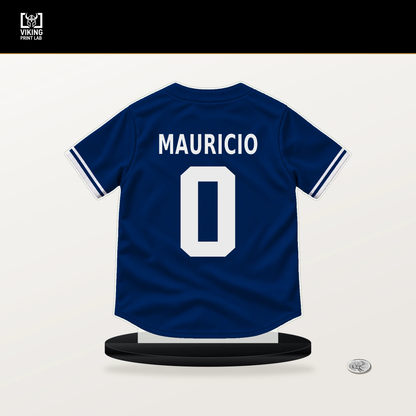 Ronny Mauricio number 0 New York Mets jersey stand with included black base.