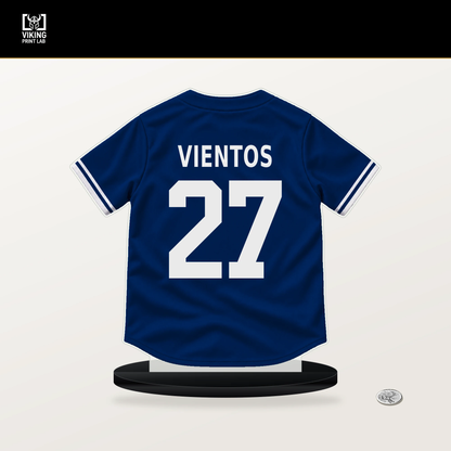 Mark Vientos number 27 New York Mets jersey stand with included black base.