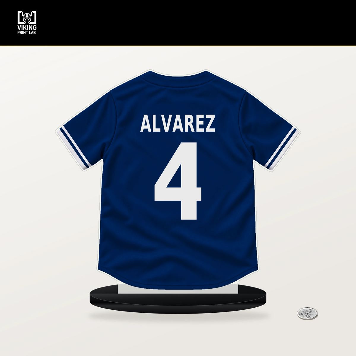 Francisco Alvarez number 4 New York Mets jersey stand with included black base.