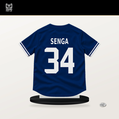 Kodai Senga number 34 New York Mets jersey stand with included black base.