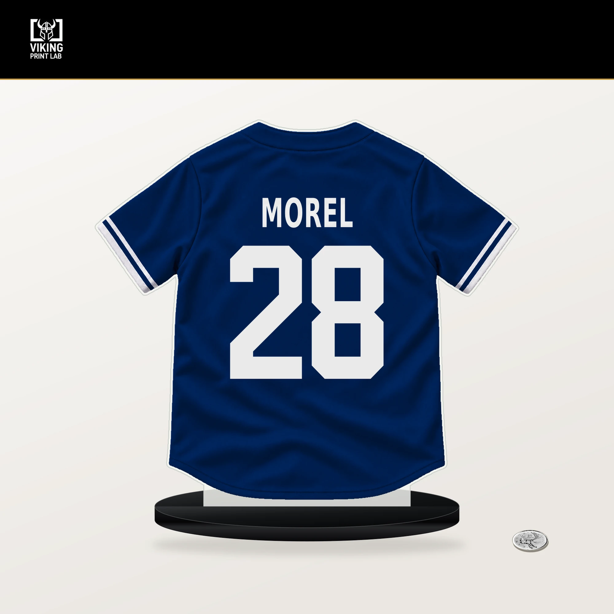 Christopher Morel number 28 New York Mets jersey stand with included black base.