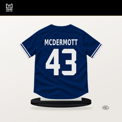 Chayce McDermott number 43 New York Mets jersey stand with included black base.