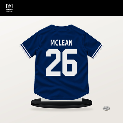 Nolan McLean number 26 New York Mets jersey stand with included black base.