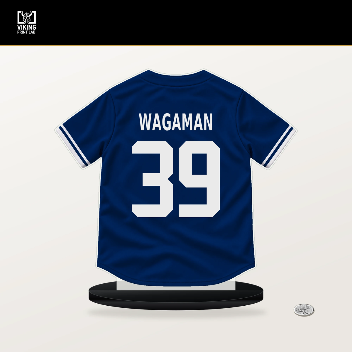 Eric Wagaman number 39 New York Mets jersey stand with included black base.