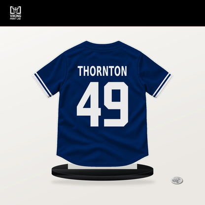 Zac Thornton number 49 New York Mets jersey stand with included black base.