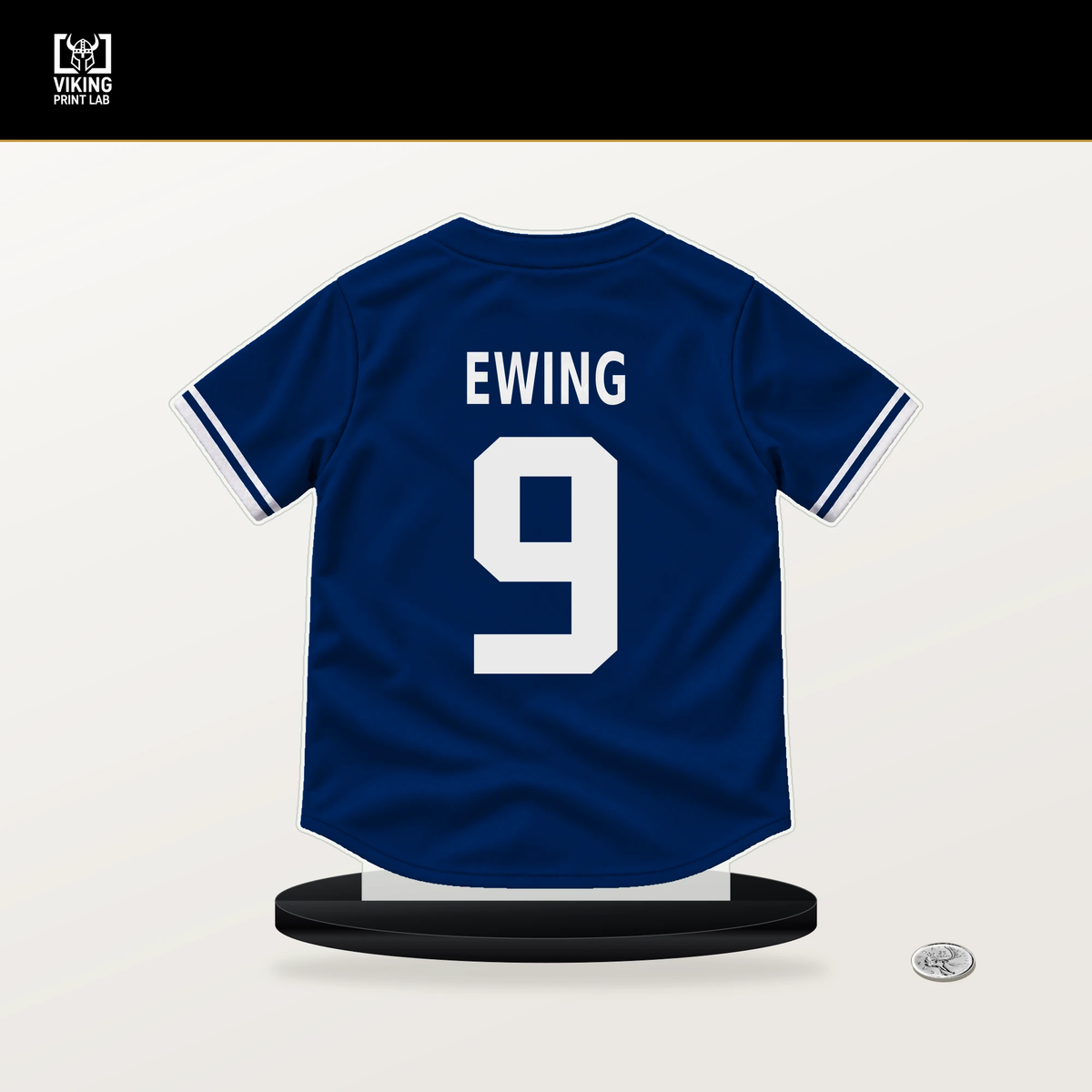 A.J. Ewing number 9 New York Mets jersey stand with included black base.