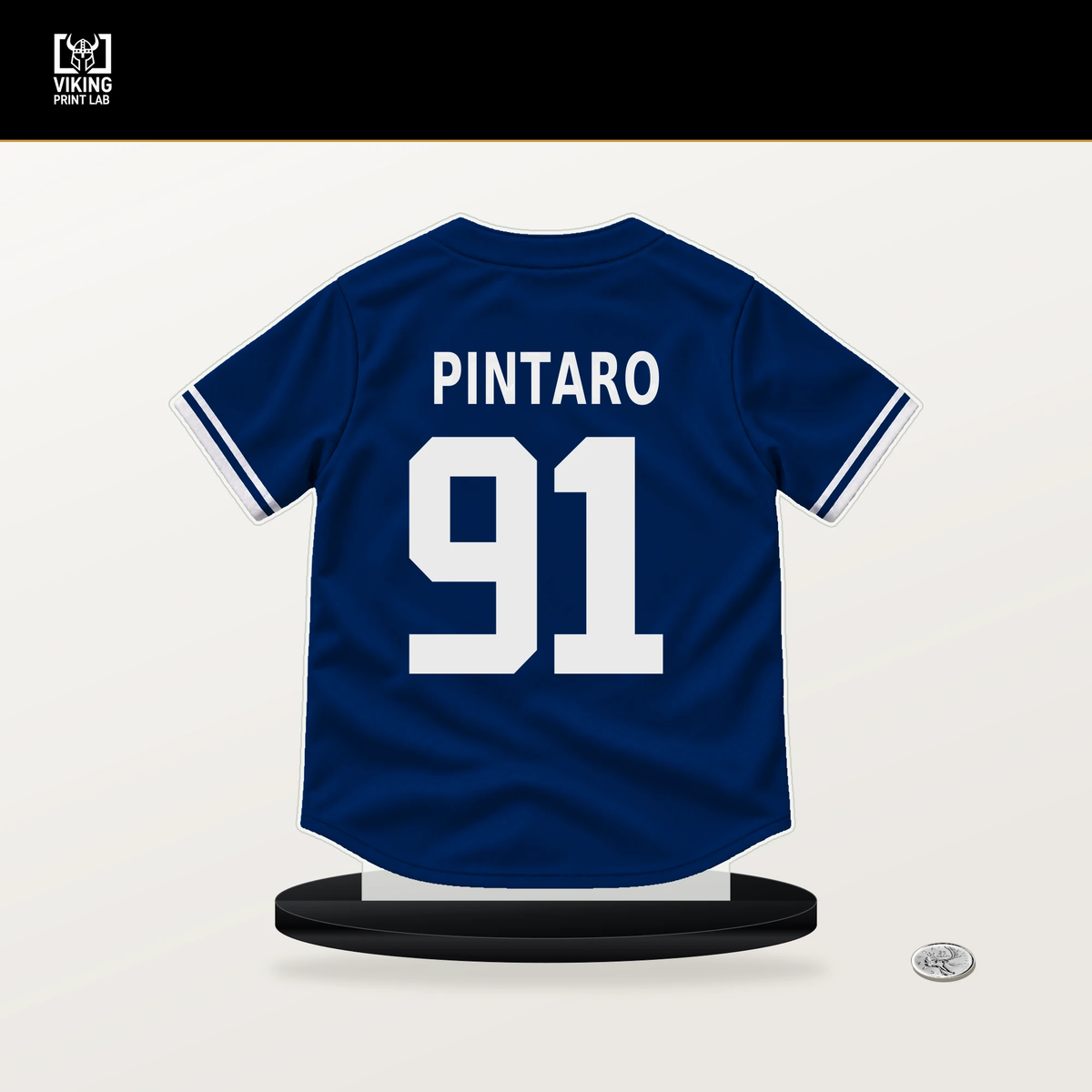 Jonathan Pintaro number 91 New York Mets jersey stand with included black base.
