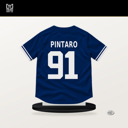 Jonathan Pintaro number 91 New York Mets jersey stand with included black base.