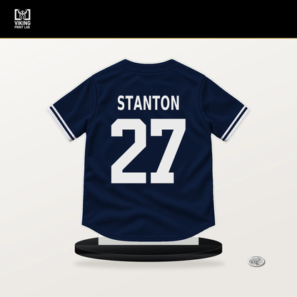 Giancarlo Stanton number 27 New York Yankees jersey stand with included black base.
