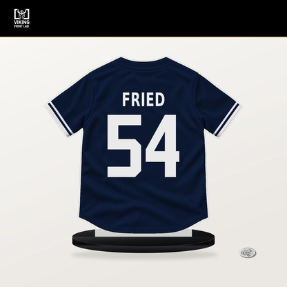 Max Fried number 54 New York Yankees jersey stand with included black base.