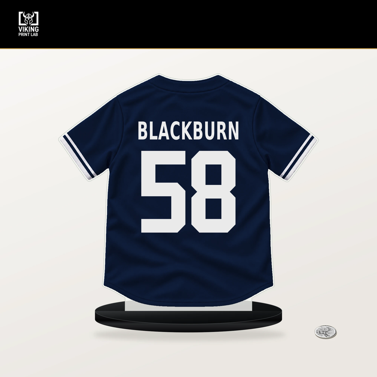 Paul Blackburn number 58 New York Yankees jersey stand with included black base.