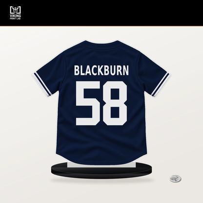 Paul Blackburn number 58 New York Yankees jersey stand with included black base.