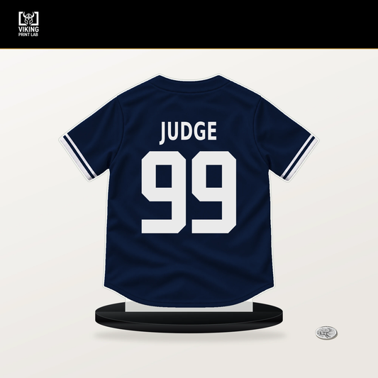 Aaron Judge number 99 New York Yankees jersey stand with included black base.