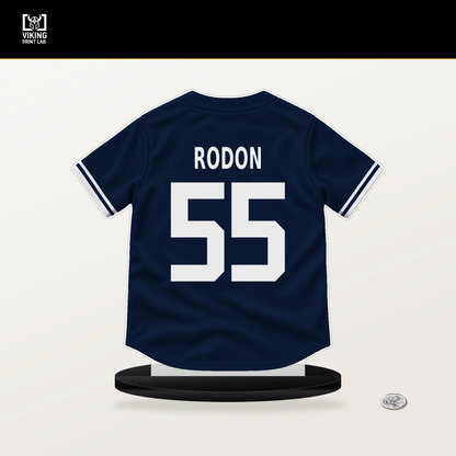 Carlos Rodon number 55 New York Yankees jersey stand with included black base.
