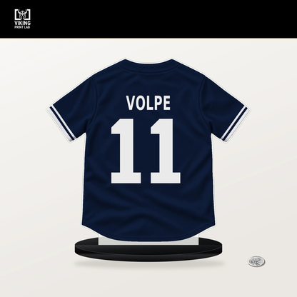 Anthony Volpe number 11 New York Yankees jersey stand with included black base.