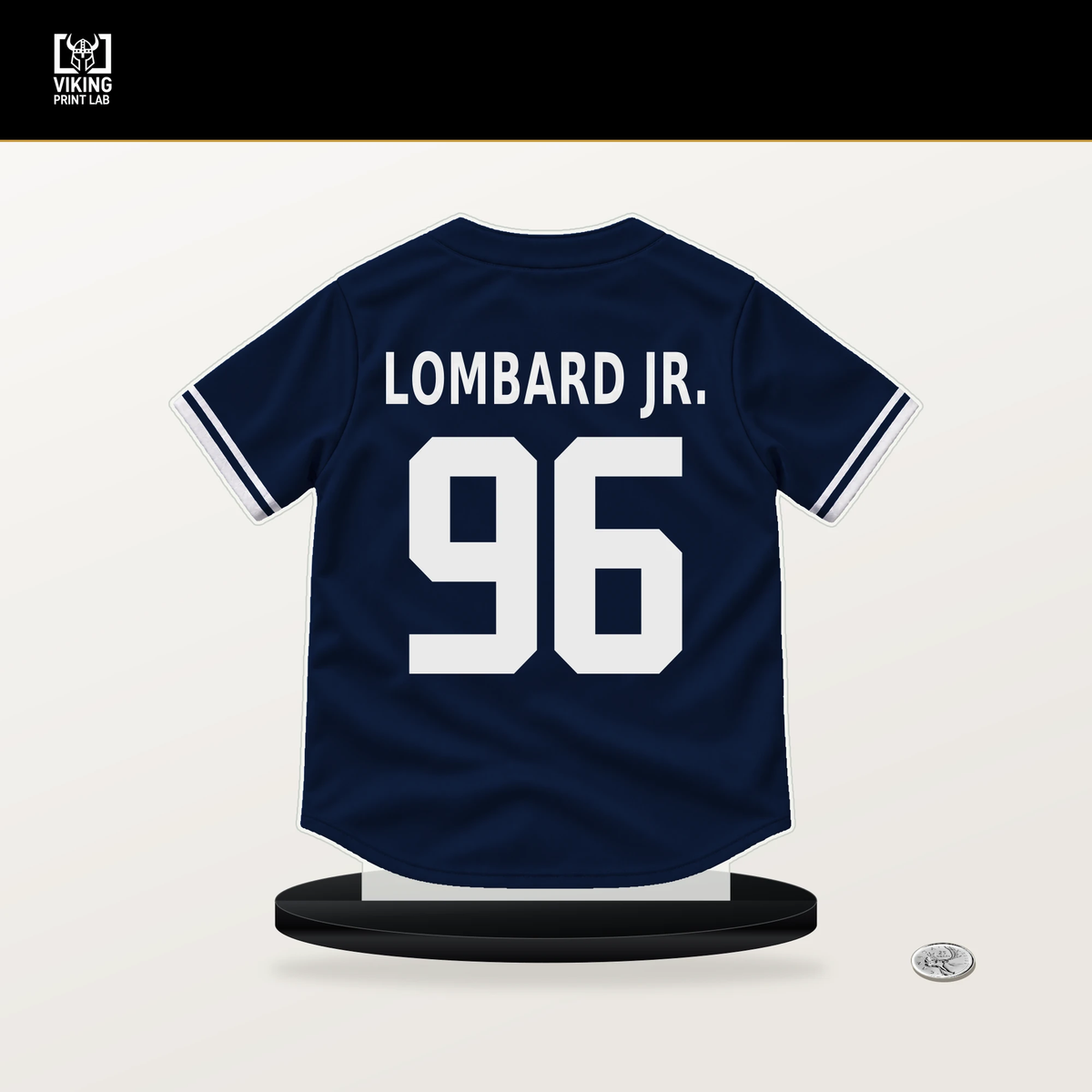 George Lombard Jr. number 96 New York Yankees jersey stand with included black base.