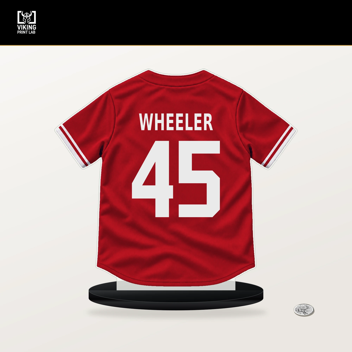 Zack Wheeler number 45 Philadelphia Phillies jersey stand with included black base.