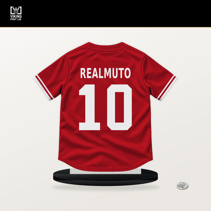 J.T. Realmuto number 10 Philadelphia Phillies jersey stand with included black base.