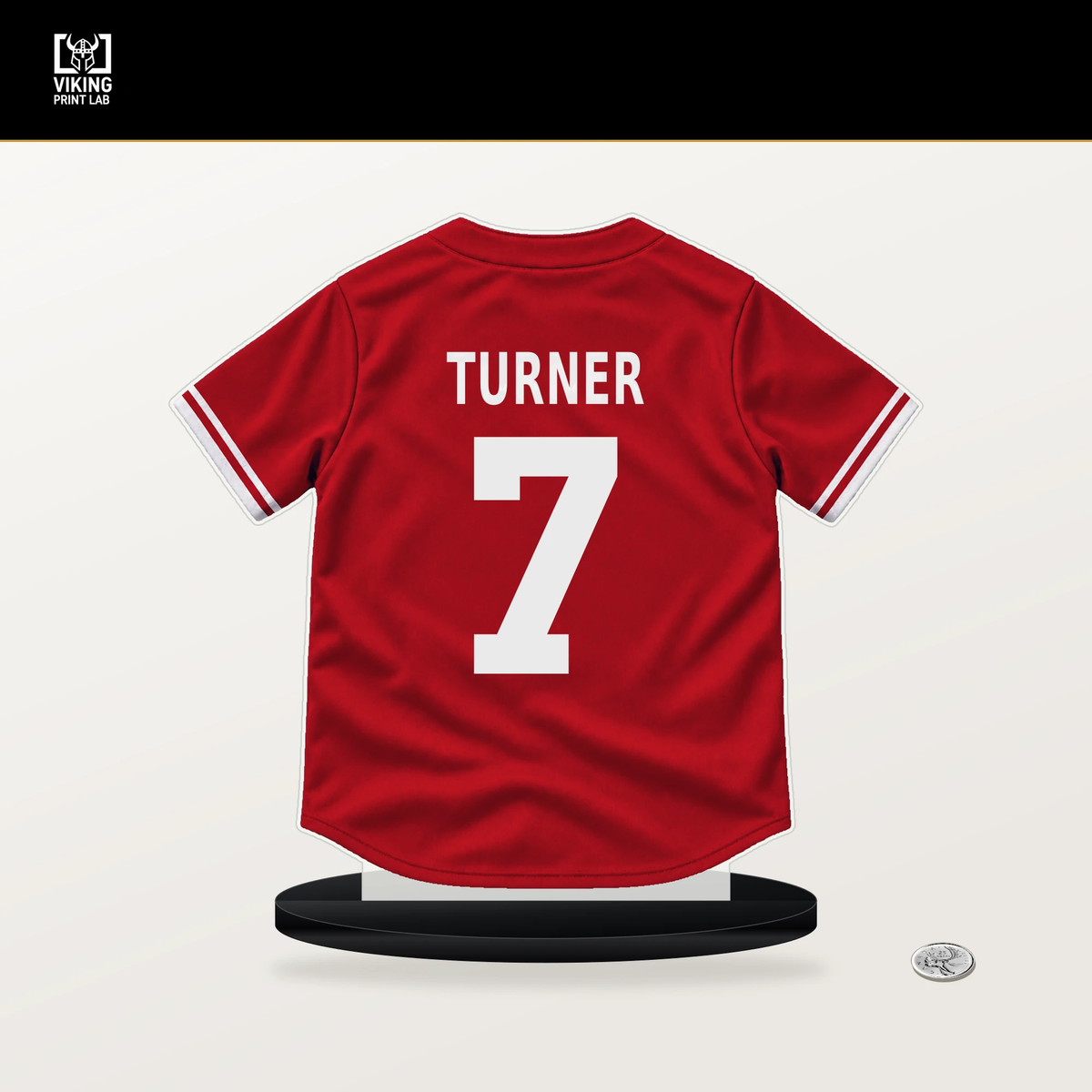 Trea Turner number 7 Philadelphia Phillies jersey stand with included black base.