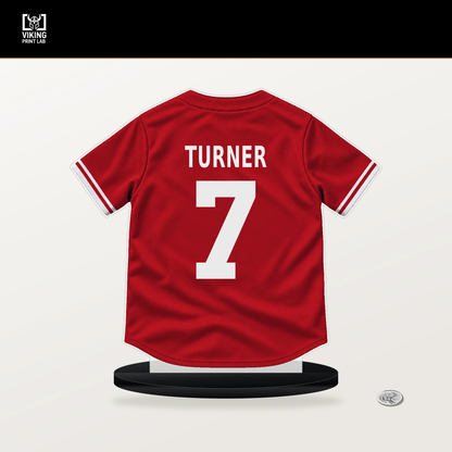 Trea Turner number 7 Philadelphia Phillies jersey stand with included black base.